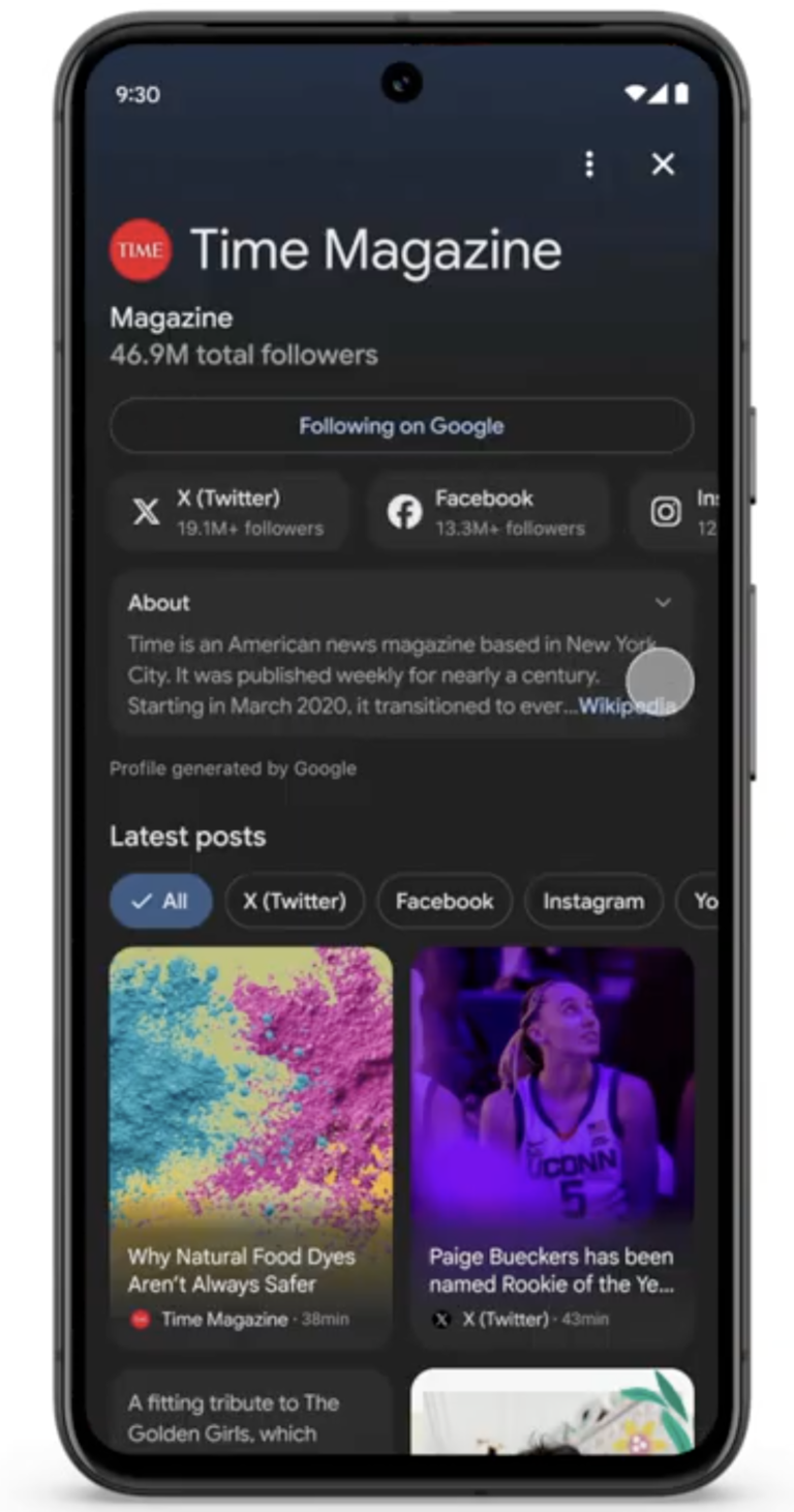 Google Discover adiciona postagens de mídia social e siga os botões